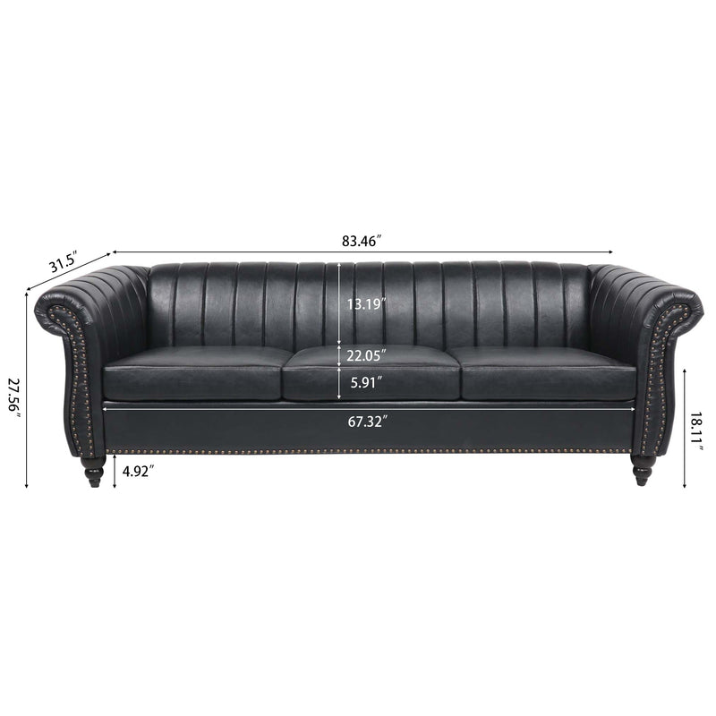 83.46" Black PU Rolled Arm Chesterfield Three Seater Sofa.