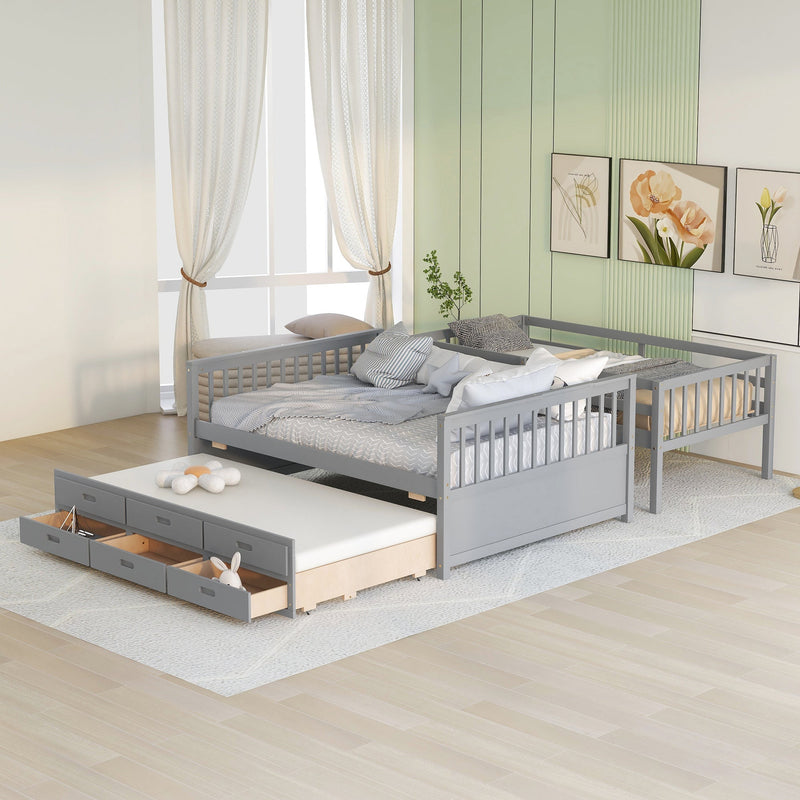 Twin-Over-Full Bunk Bed with Twin size Trundle, Separable Bunk Bed with Drawers for Bedroom - Gray