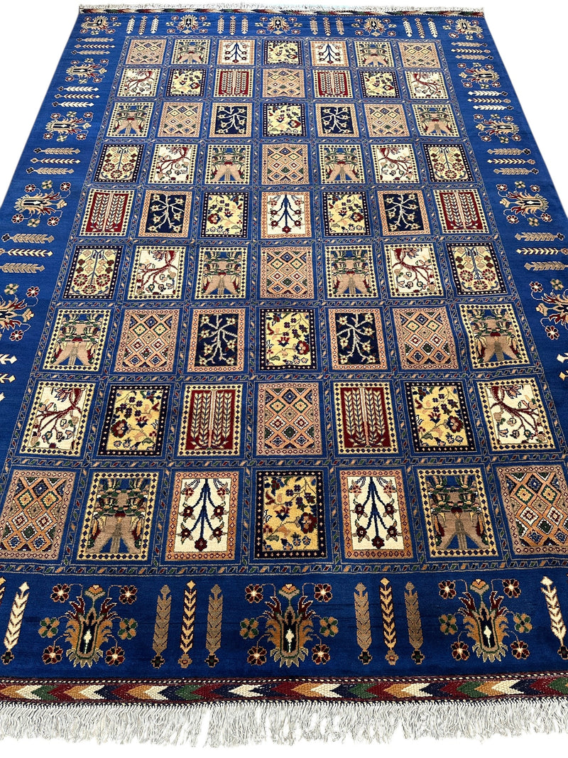 6'9″ x 10' Hand-Knotted Afghani Bakhtiari Wool Rug – Persian Garden Design – Blue & Cream