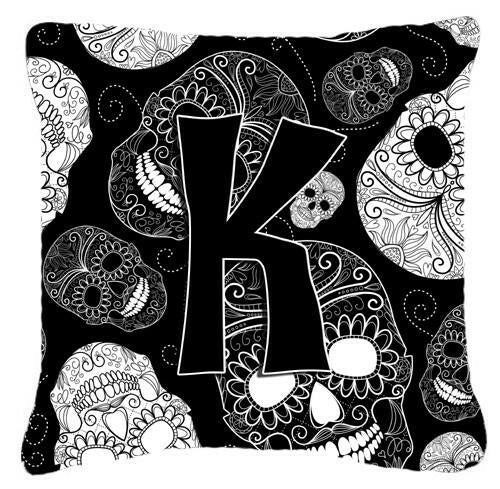 Letter K Day of the Dead Skulls Black Canvas Fabric Decorative Pillow CJ2008-KPW1414