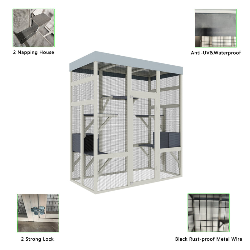 62.6' Gray Wooden Catio Outdoor Pet Enclosure with Waterproof Top, Spacious and Secure Cat House & Small Animal Cage, Black Rust-proof Metal Wire