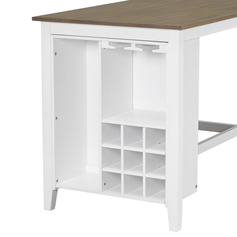 5-Piece Multi-Functional Rubber Wood Counter Height Dining Set with Padded Chairs and Integrated 9 Bar Wine Compartment, Wineglass Holders for Dining Room (Brown + White Wash)