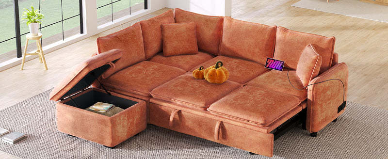 82.67"Convertible Sofa Bed Sectional Sofa Sleeper L-shaped Sofa with a Storage Ottoman,Two Pillows, Two Power Sockets and Two USB Ports for Living Room, Orange