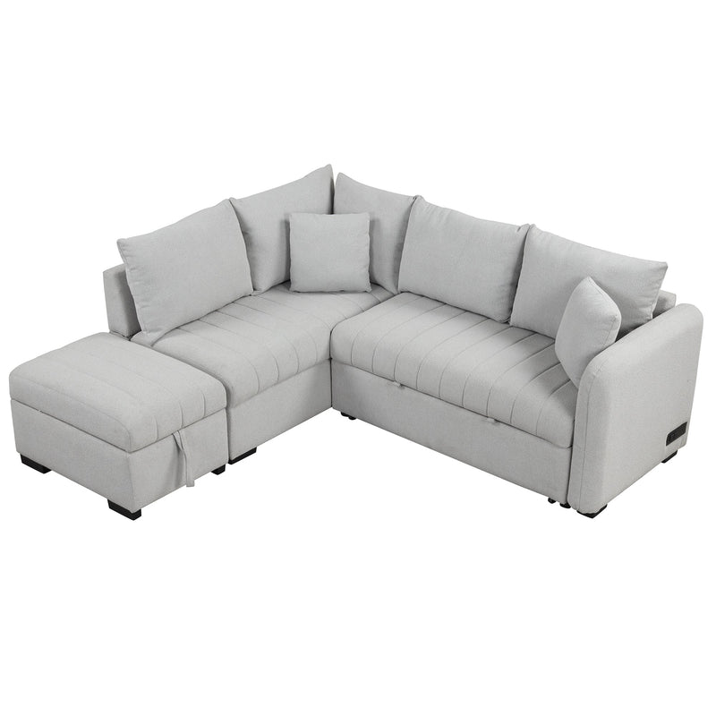 82.6" L-shaped Sectional Pull Out Sofa Bed Sleeper Sofa with Two USB Ports, Two Power Sockets and a Movable Storage Ottoman, Gray