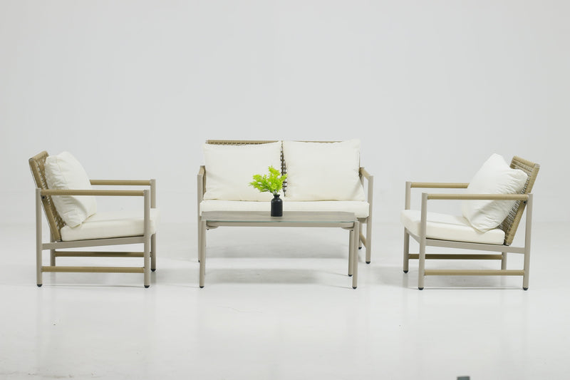 4 Pieces Patio Furniture Set, PE Rattan Wicker 4 Pcs Outdoor Sofa Set w/Washable Cushion and Tempered Glass Tabletop, Conversation Furniture for Garden Poolside Balcony