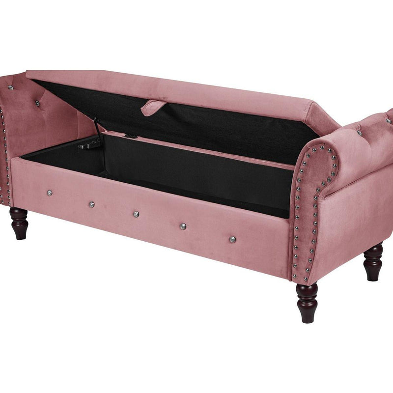 63.38"Velvet Multifunctional Storage Rectangular ottoman bench Comes with crystal buckle Solid Wood Legs with 1 Pillow,Pink