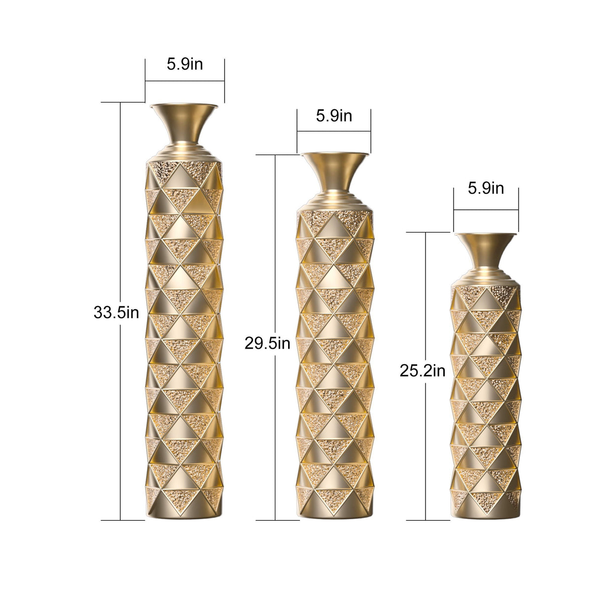 Metal Decorative Vase High Distress Metal Center Vase With 3D Triangle Pattern, (Set of 3) Vases For Home Decoration - Gold, photo 7 of 18