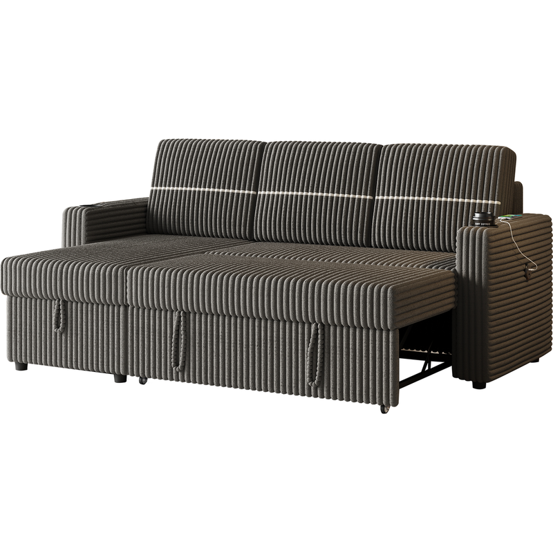 85 Inches Corduroy Sofa Bed, 3 Seater Sleeper Sofa with Storage Chaise, Square Handrail With Two Cup-holder And USB Charge Port, Pull Out Couch for Living Room