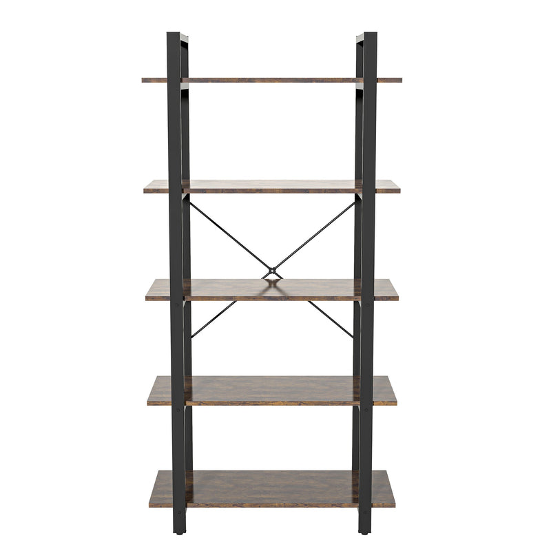 5-Shelf Vintage Industrial Rustic Bookshelf, 5 Tier Wood and Metal Bookcase, Open Etagere Book Shelf, Farmhouse Wooden Bookshelves, Vintage Brown