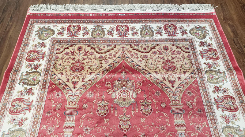 4 x 6 Silk Carpet Red, Traditional Oriental Rug 4x6, Flower Vase Columns, Turkish Rug New, High Quality, Bamboo Silk, Area Rug
