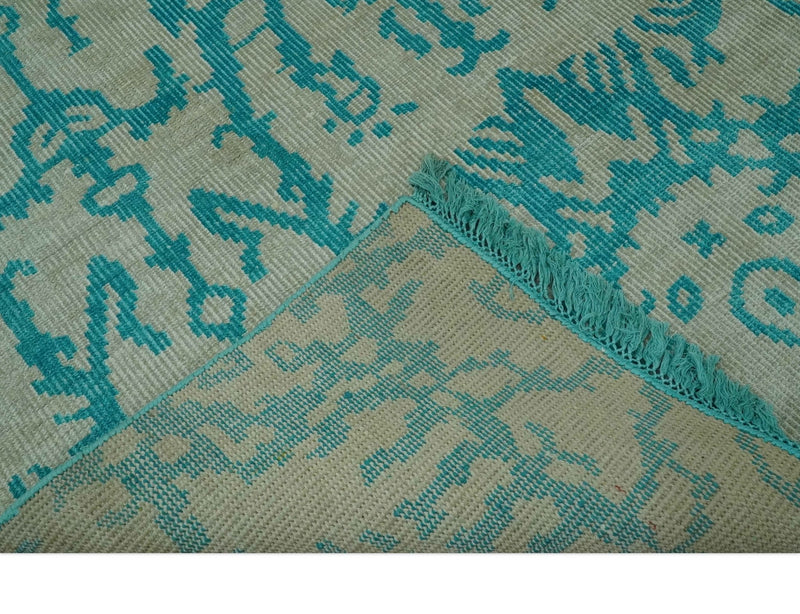 5.8x8 Teal and Beige Hand Knotted Traditional large Design viscoseArea Rug