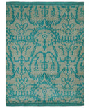 5.8x8 Teal and Beige Hand Knotted Traditional large Design viscoseArea Rug