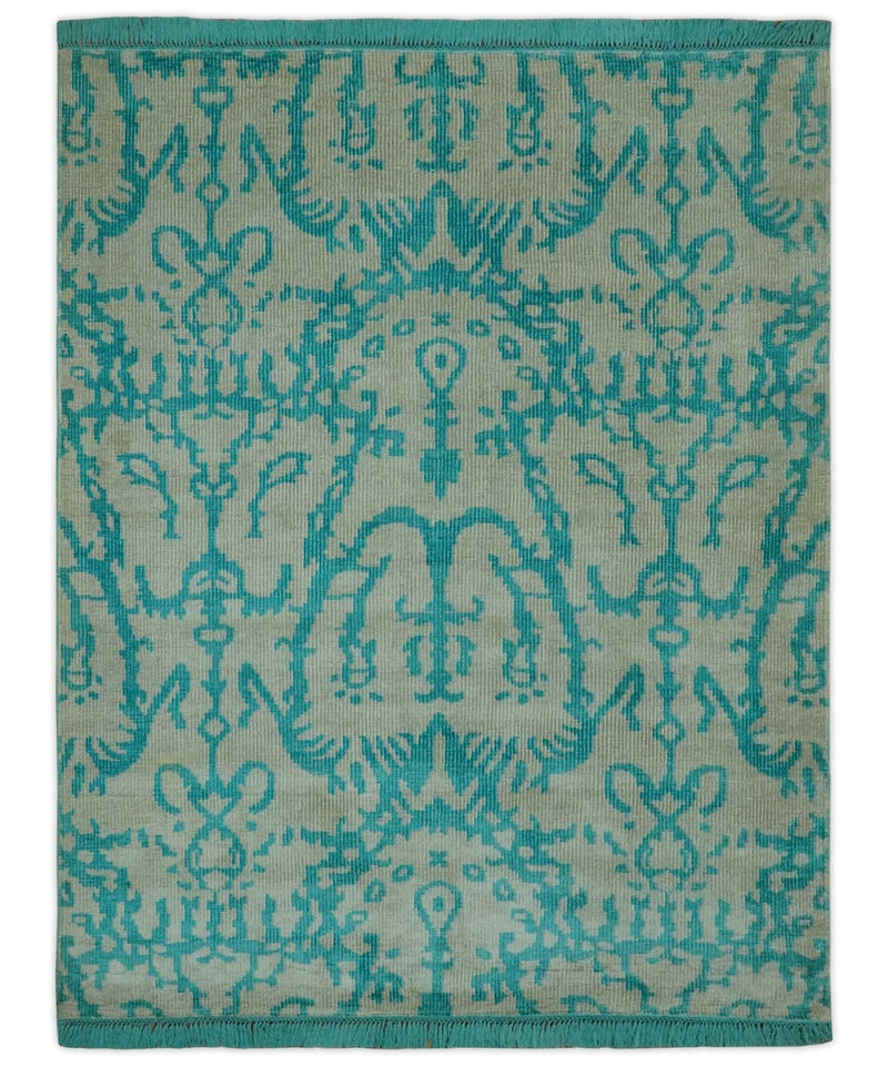 5.8x8 Teal and Beige Hand Knotted Traditional large Design viscoseArea Rug