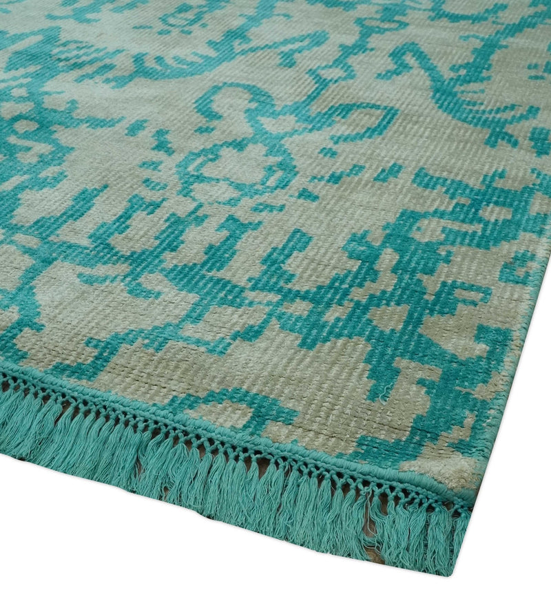 5.8x8 Teal and Beige Hand Knotted Traditional large Design viscoseArea Rug
