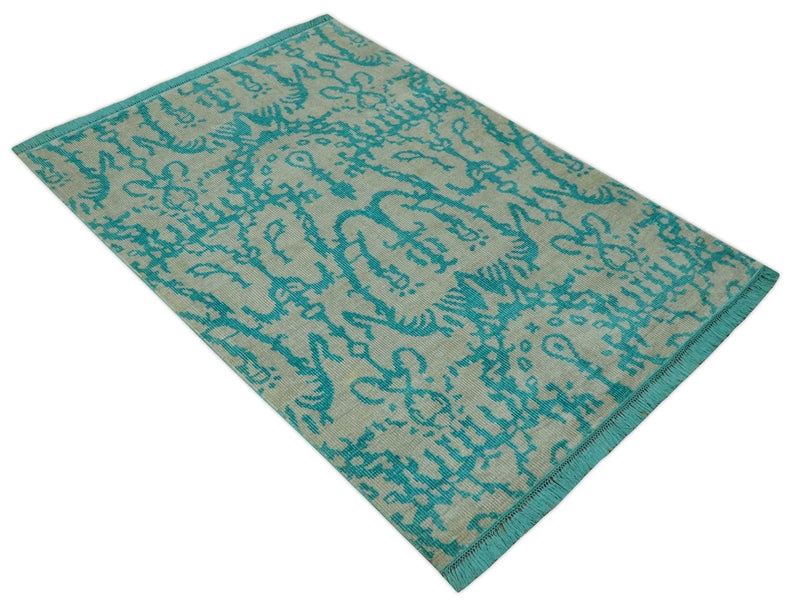5.8x8 Teal and Beige Hand Knotted Traditional large Design viscoseArea Rug