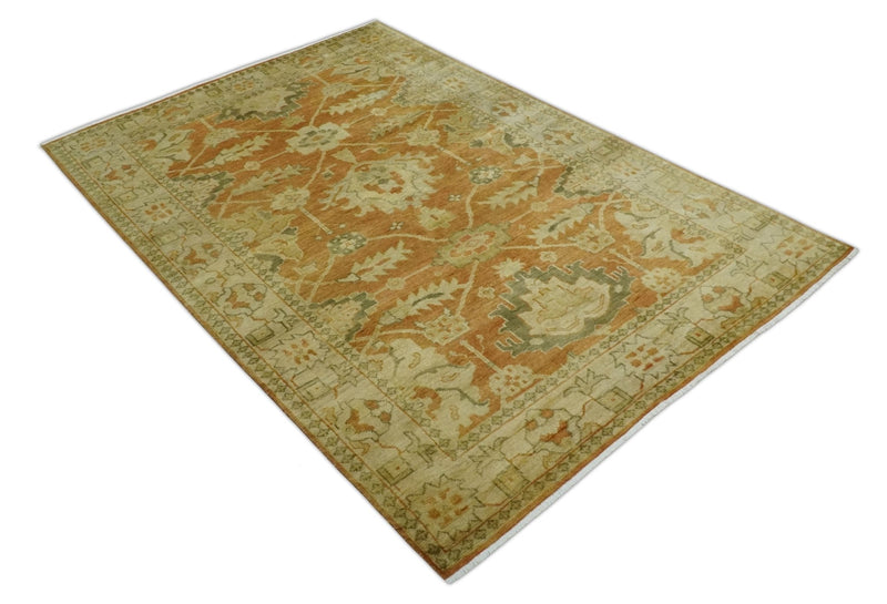 5.8x8.4 Hand Knotted Rust and Beige Traditional Oushak Wool Area Rug