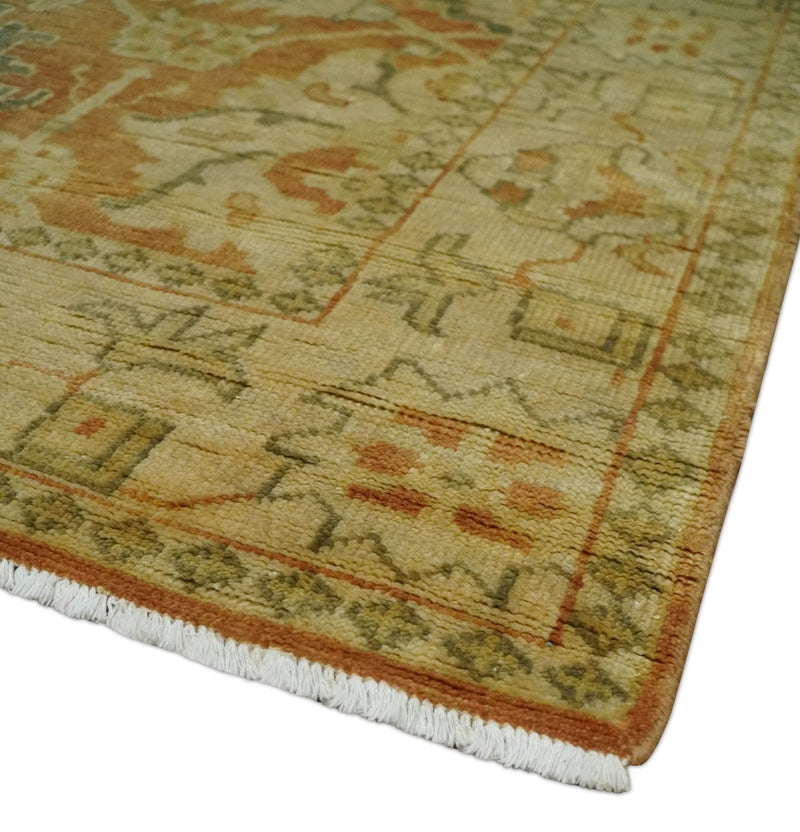 5.8x8.4 Hand Knotted Rust and Beige Traditional Oushak Wool Area Rug