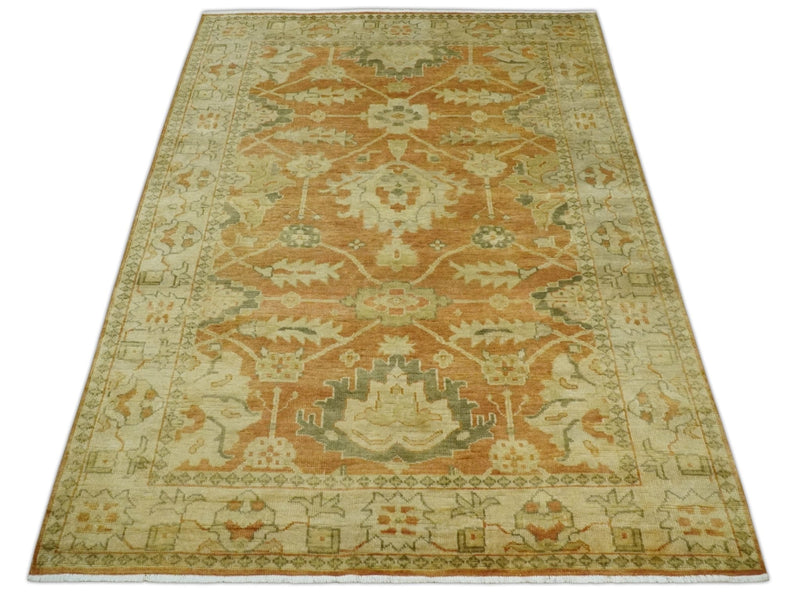 5.8x8.4 Hand Knotted Rust and Beige Traditional Oushak Wool Area Rug