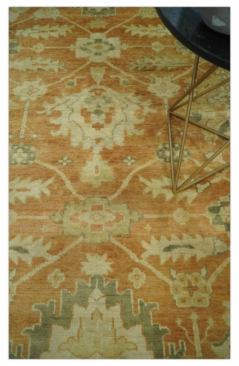 5.8x8.4 Hand Knotted Rust and Beige Traditional Oushak Wool Area Rug