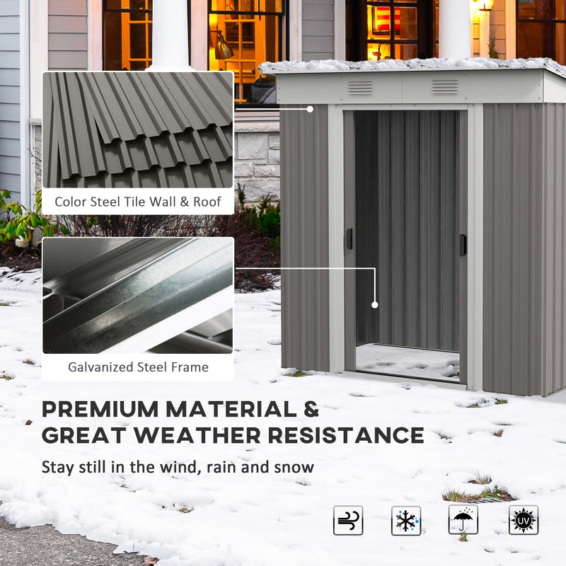 6' x 4' Metal Lean to Garden Shed, Outdoor Storage Shed, Garden Tool House with Double Sliding Doors, 2 Air Vents for Backyard, Patio, Lawn, Gray