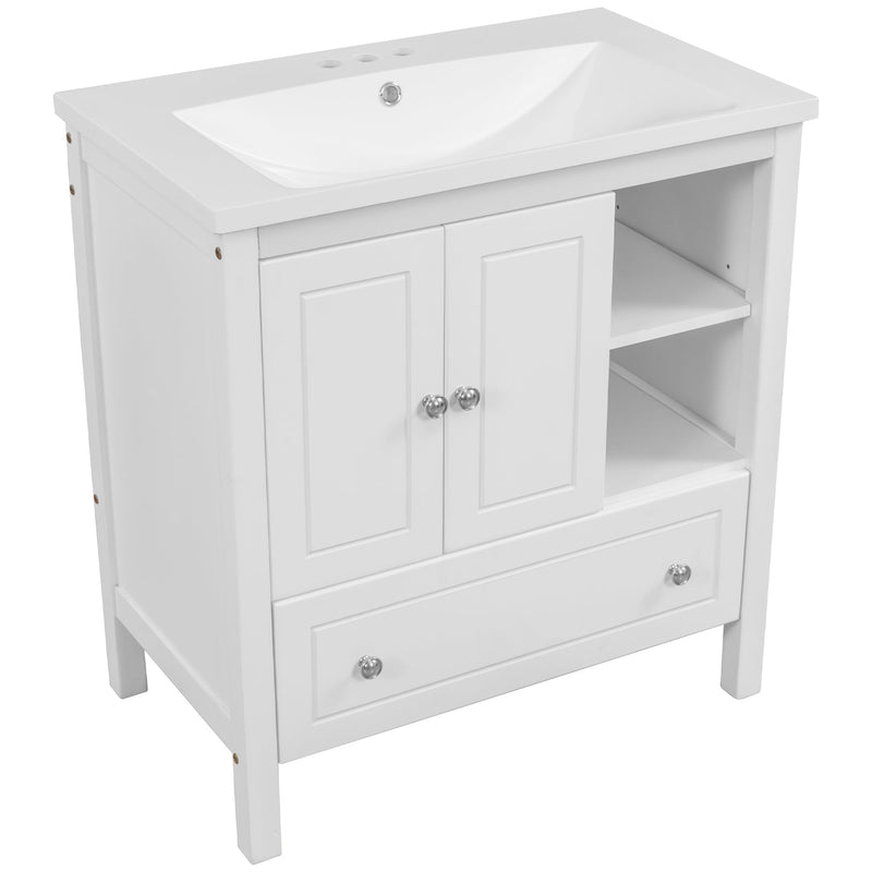 30" Bathroom Vanity with Sink, Bathroom Storage Cabinet with Doors and Drawers, Solid Wood Frame, Ceramic Sink, White