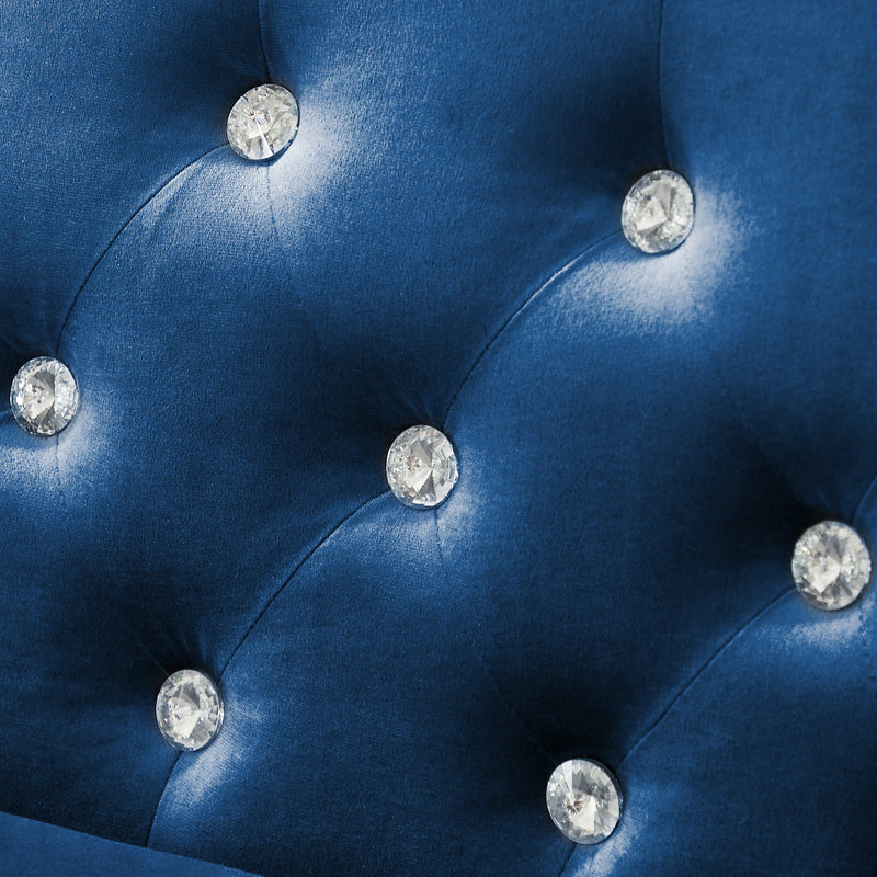 2 Piece Modern Velvet Living Room Set with Sofa and Loveseat, Jeweled Button Tufted Copper Nails Square Arms, 4 Pillows Included, Blue