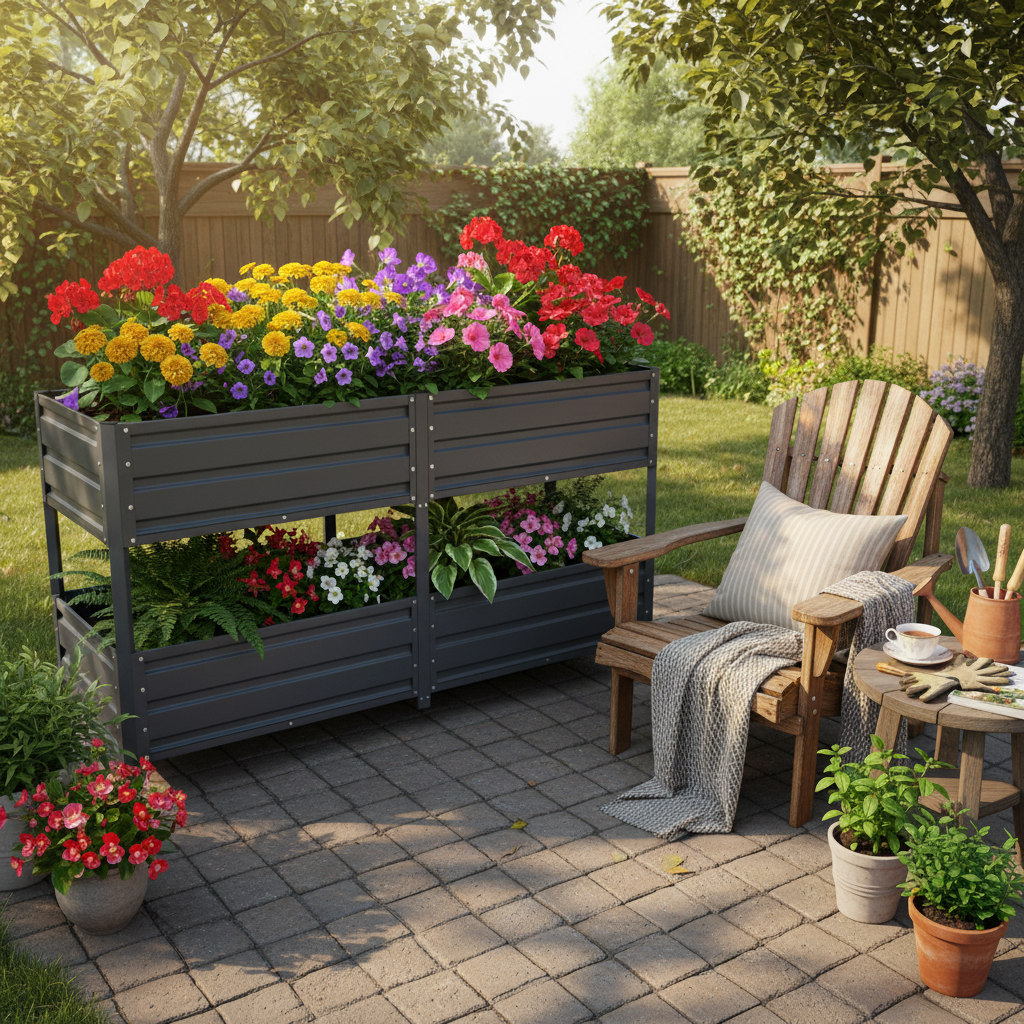 Dual Tier Elevated Metal Raised Garden Bed with Lockable Wheels, photo 7 of 9