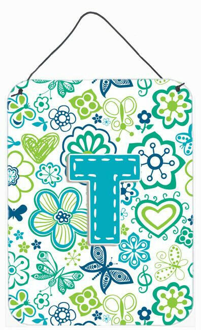 Letter T Flowers and Butterflies Teal Blue Wall or Door Hanging Prints CJ2006-TDS1216