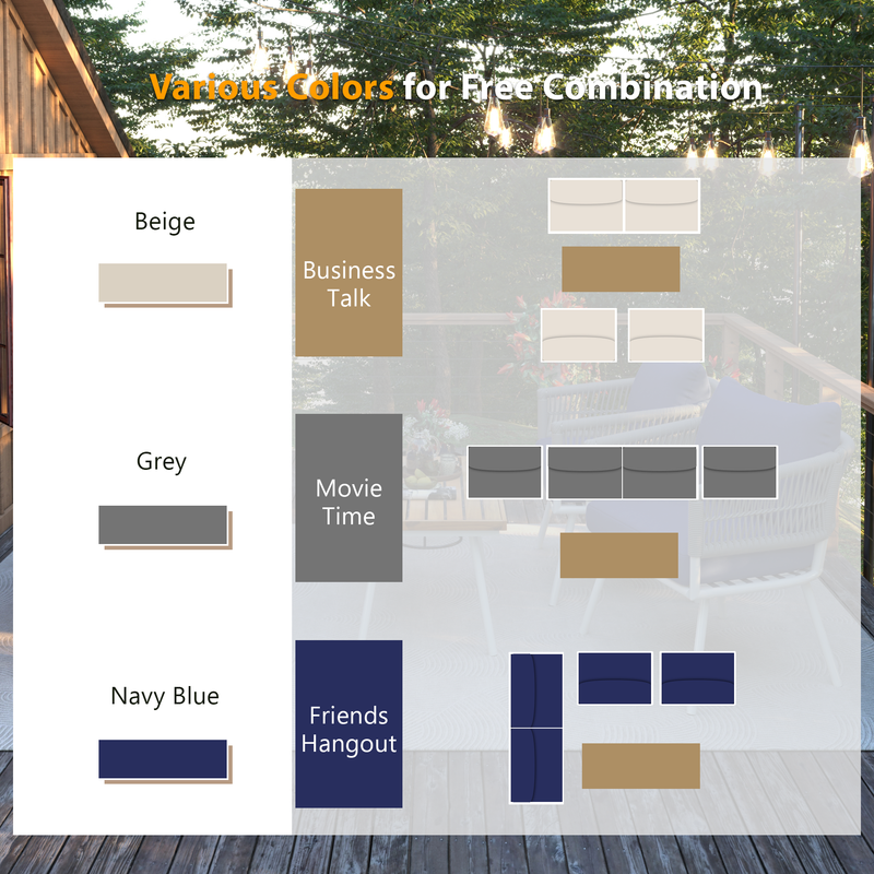 4-Piece Boho Rope Patio Furniture Set, Outdoor Furniture with Acacia Wood Table, Patio Conversation Set with Deep Seating & Thick Cushion for Backyard Porch Balcony, Beige