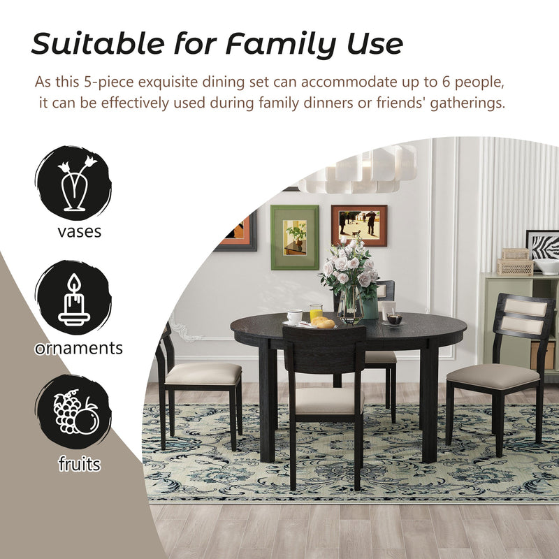 5-Piece Multifunctional Dining Table Set, Farmhouse Dining Set with Extendable Round Table,Two Small Drawers and 4 Upholstered Dining Chairs for Kitchen and Dining Room (Black)