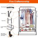 Garment Hanging Rack Clothing Hanging Rail Pillow Shoe Display Organizer Clothes Organizer Stand with 2 Rails 2 Shelves 4 Rolling Wheels 4 Hooks