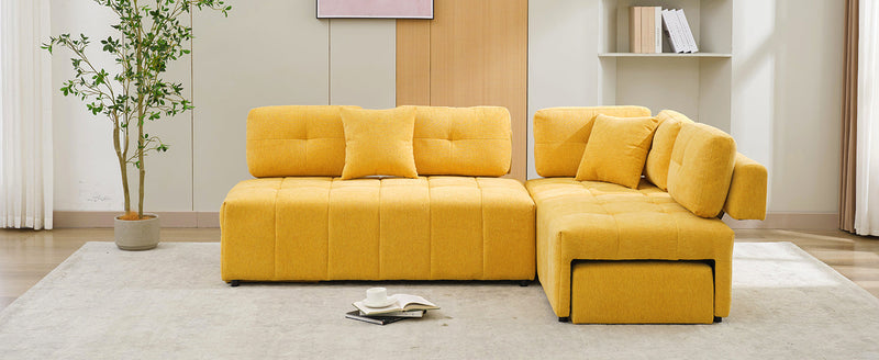91.73" L-shaped Sofa Sectional Sofa Couch with 2 Stools and 2 Lumbar Pillows for Living Room, Yellow