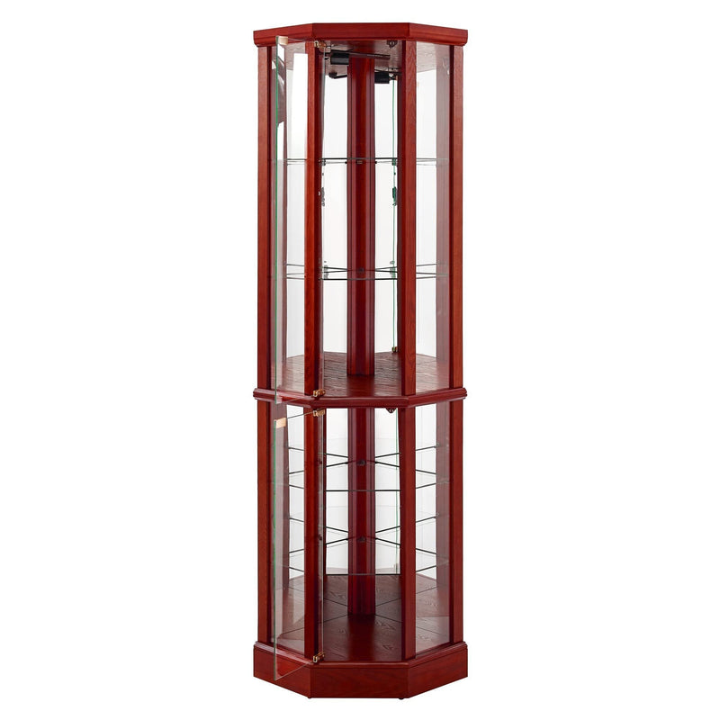 6 Shelf Lighted Corner Curio Cabinet with Adjustable Tempered Glass Shelves and Mirror Back, Cherry