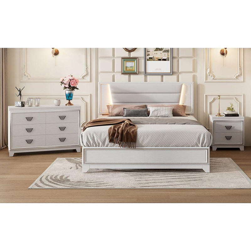 3-Pieces Bedroom Sets Queen Size Upholstered Bed with LED Lights, Nightstands and Dresser with Metal Handles and Sparkling Shiny Decoration, White