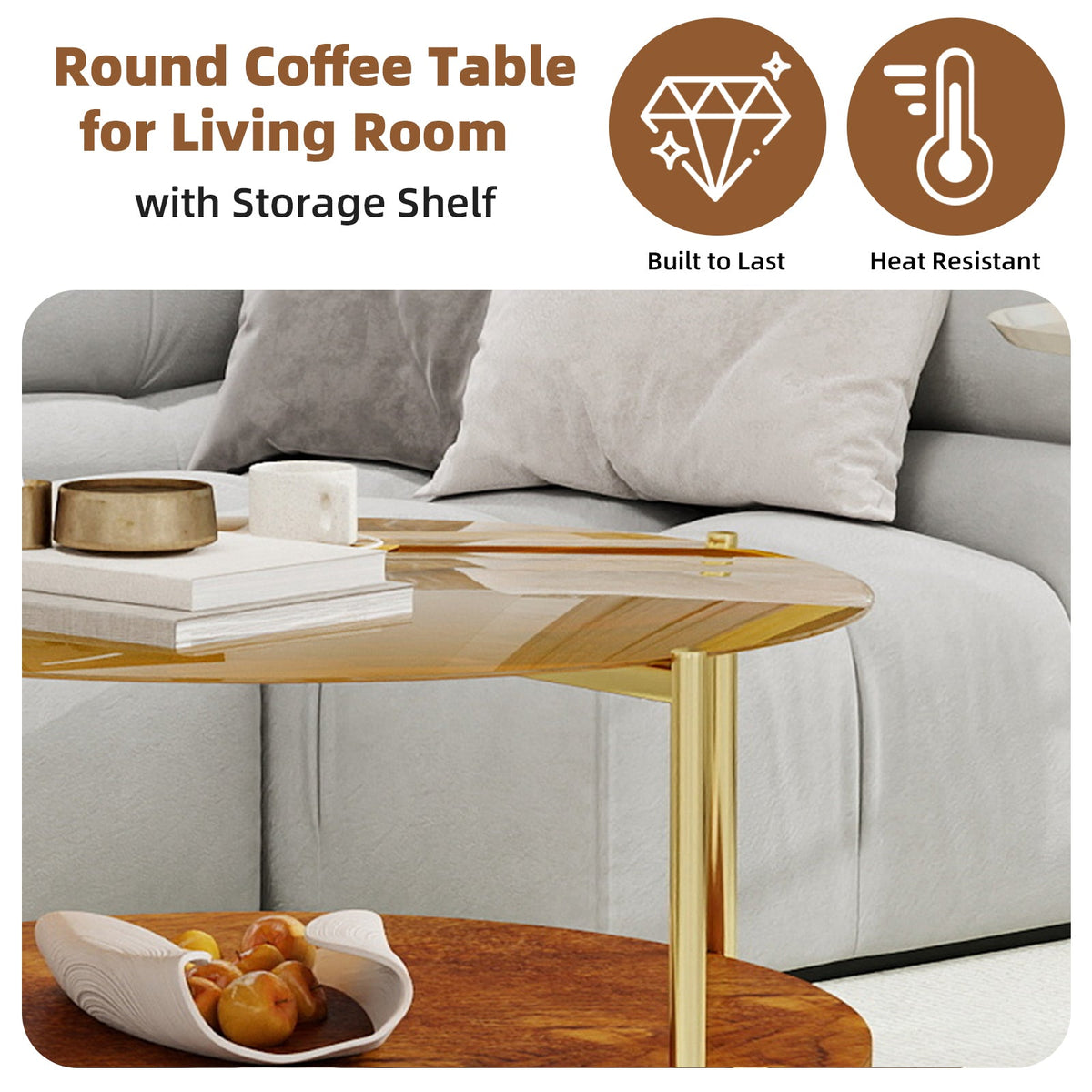 Luxurious Round Coffee Table with Gold-Tinted Tempered Glass Top, photo 6 of 10