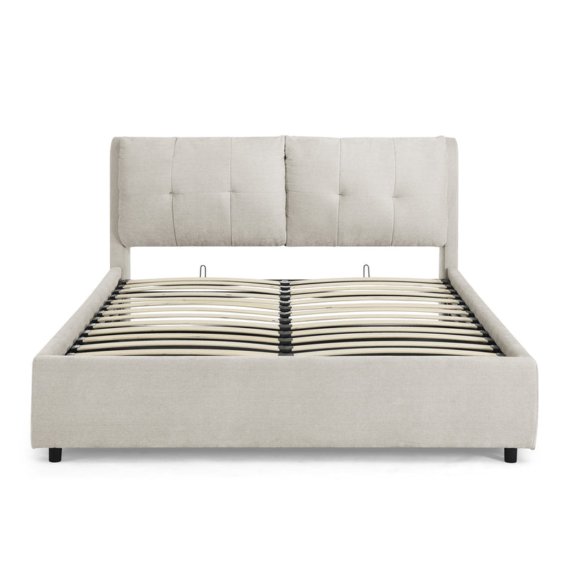 Queen Size Storage Upholstered Hydraulic Platform Bed with Integrated Headboard, Chenille Fabric, Beige