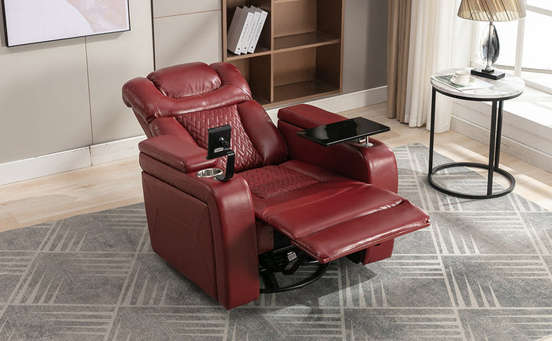 270 Degree Swivel PU Leather Power Recliner Individual Seat Home Theater Recliner with Comforable Backrest, Tray Table, Phone Holder, Cup Holder, USB Port, Hidden Arm Storage for Living Room, Red