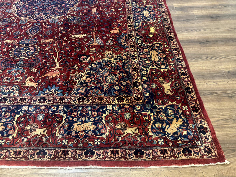 Antique Indo Persian Kerman Rug 9x12 Red Manchester Wool Animal Pictorials, Fine 290 KPSI