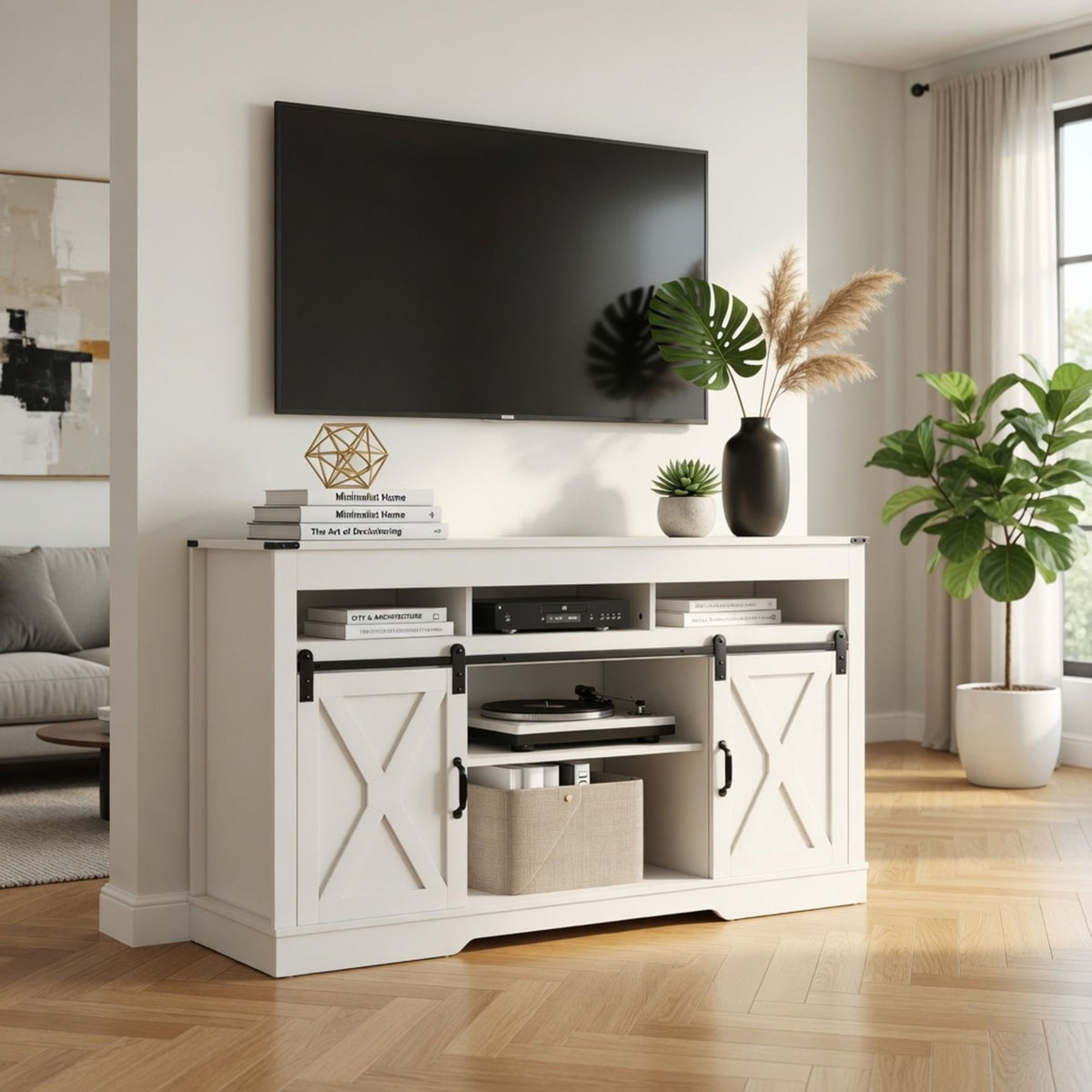 Farmhouse TV Stand With Sliding Barn Doors & Adjustable Storage, photo 24 of 40