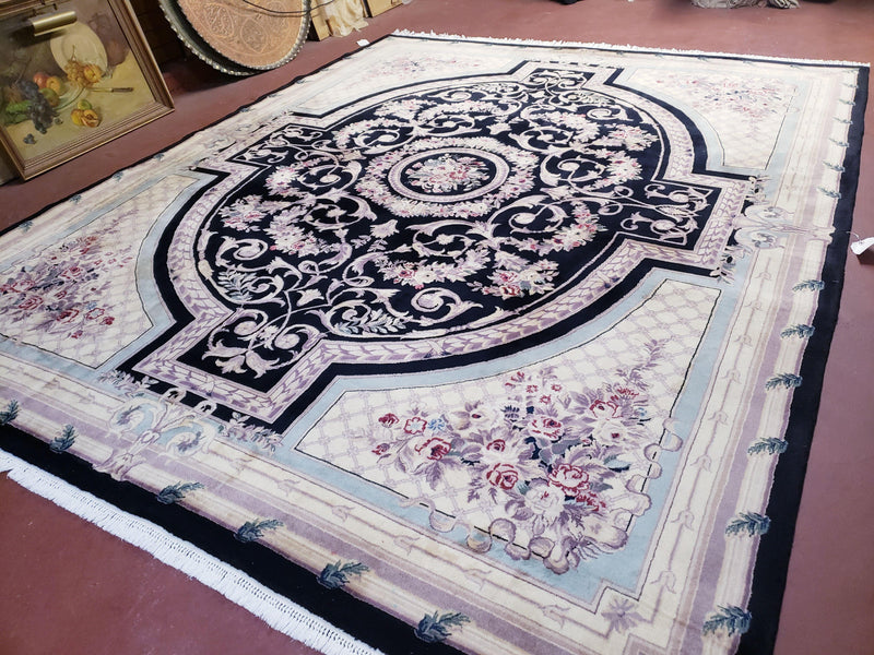 8x10 Aubusson Rug, Fine Hand Knotted Wool Carpet, French European Design, Black & Ivory