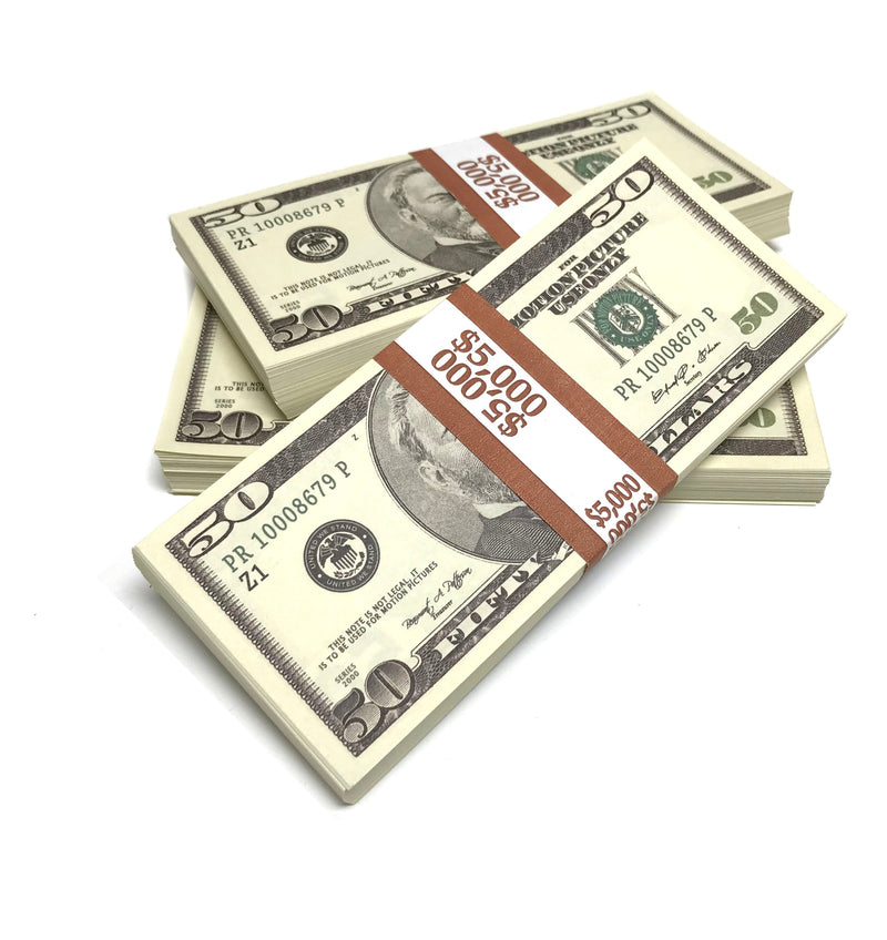Money Prop -Series 2000 $50's Crisp New $5,000 Full Print Stack