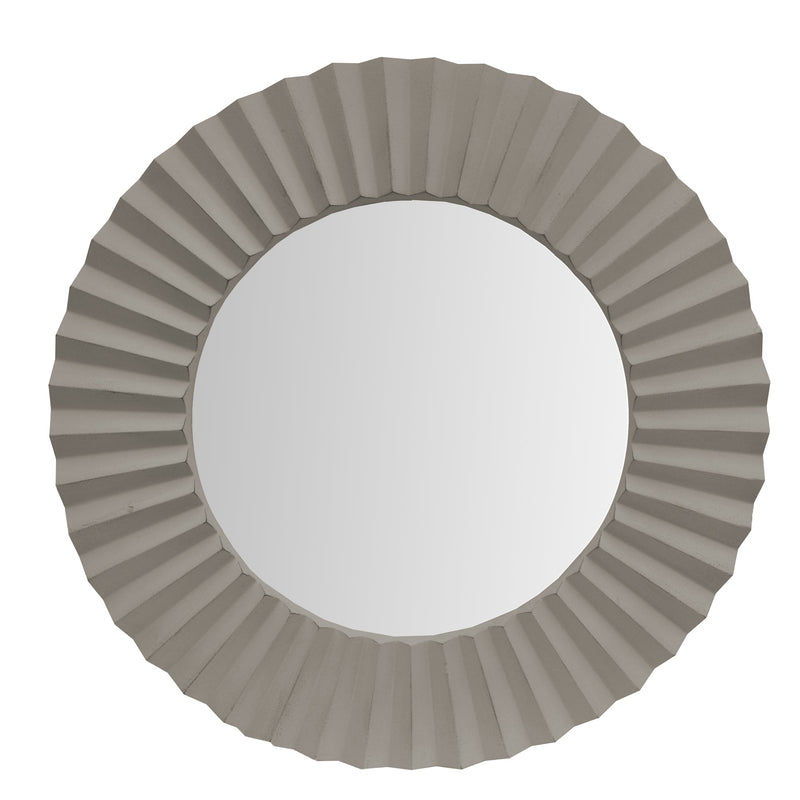 32 Inch Round Beveled Floating Wall Mirror with Corrugated Design Wooden Frame, Gray