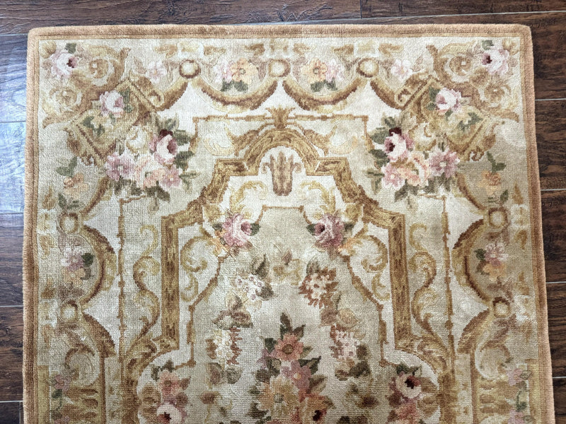 Chinese Aubusson Rug 3.6 x 5, Beige and Gold, Handmade Vintage Elegant European Design Carpet, Plush Wool, Handmade
