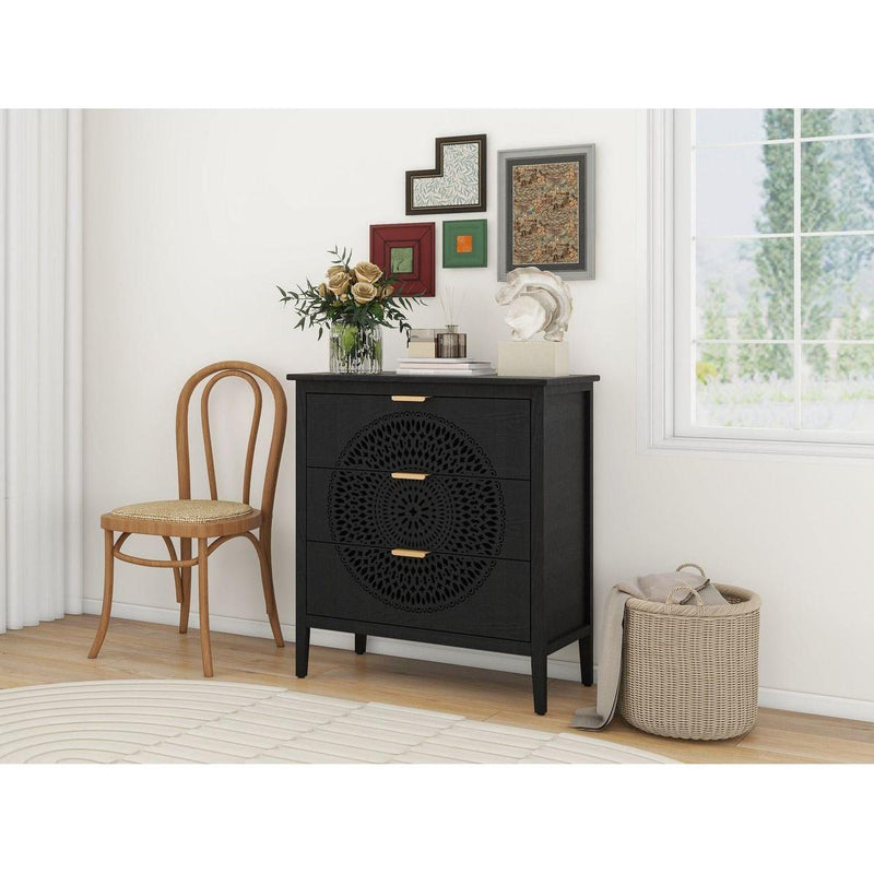 3 Drawer Cabinet with Hollow-Carved 3 Drawer Dresser Storage Chest with Metal Handles For Entryway Living Room Bedroom
