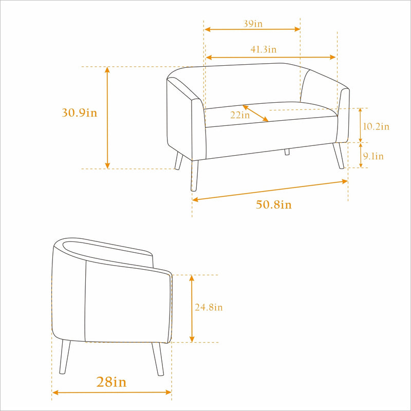 50.78'W Modern Loveseat Couch Sofa, Corduroy Fabric Upholstered 2-Seat Sofa with Wooden Walnut Legs for Small Space Office Studio Apartment Bedroom, Green