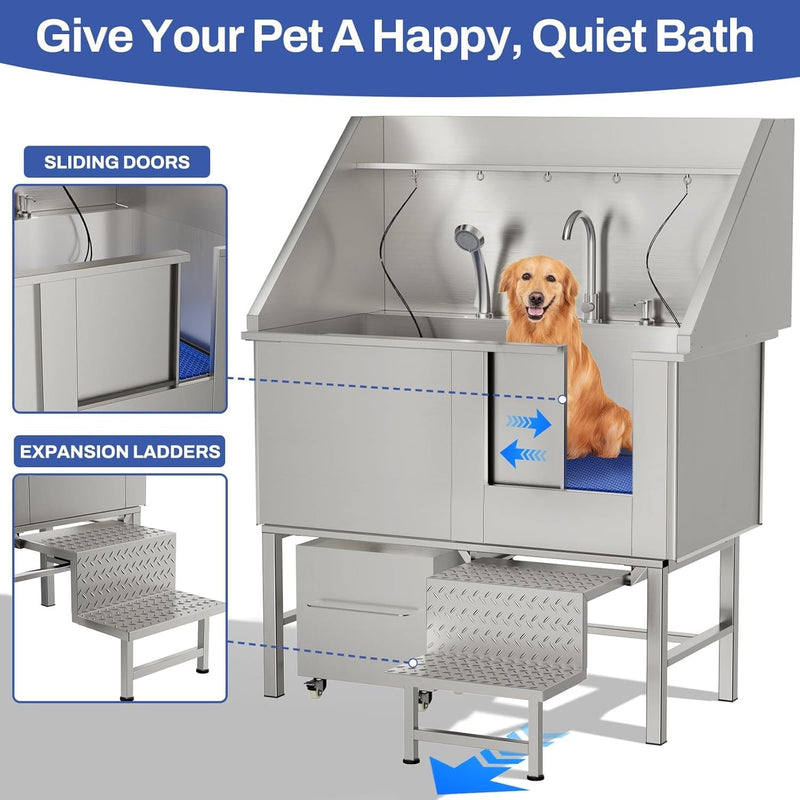 Stainless Steel Dog Washing Station with Seamless Design and Accessories, Silver, 50 Inch