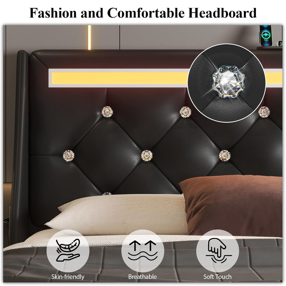 Wingback Upholstered Bed Frame With LED Lights, Charging Station, photo 23 of 40