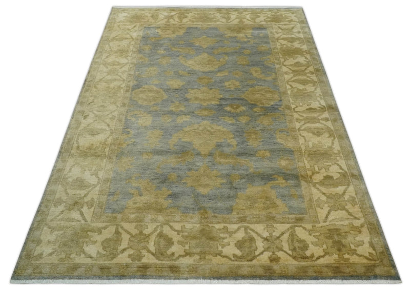 5.9x8.4 Hand Knotted Gray and Beige Traditional Oushak Wool Area Rug