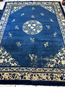Hand-Knotted Antique Chinese Peking Wool Rug – 9’ x 11’5” – Distressed Blue, 19th Century