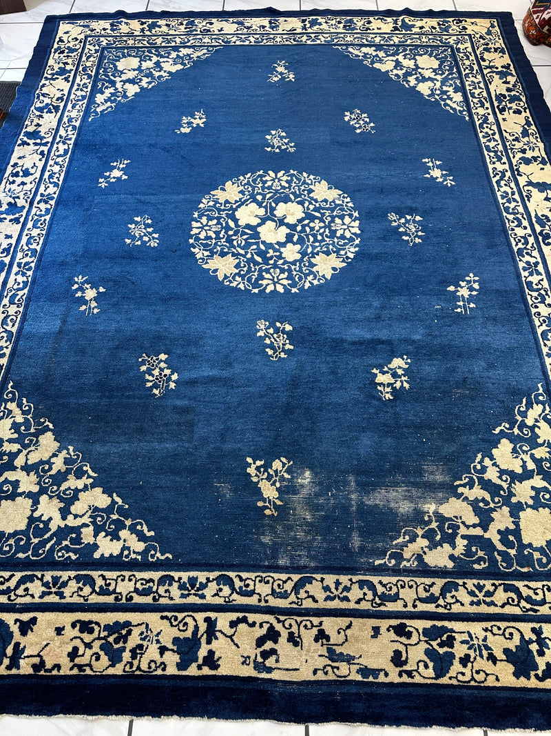 Hand-Knotted Antique Chinese Peking Wool Rug – 9’ x 11’5” – Distressed Blue, 19th Century